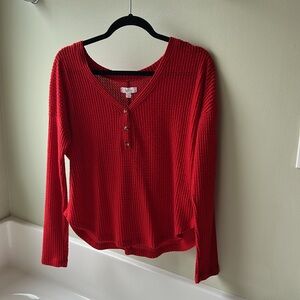 Red Button-Detail V-Neck Top